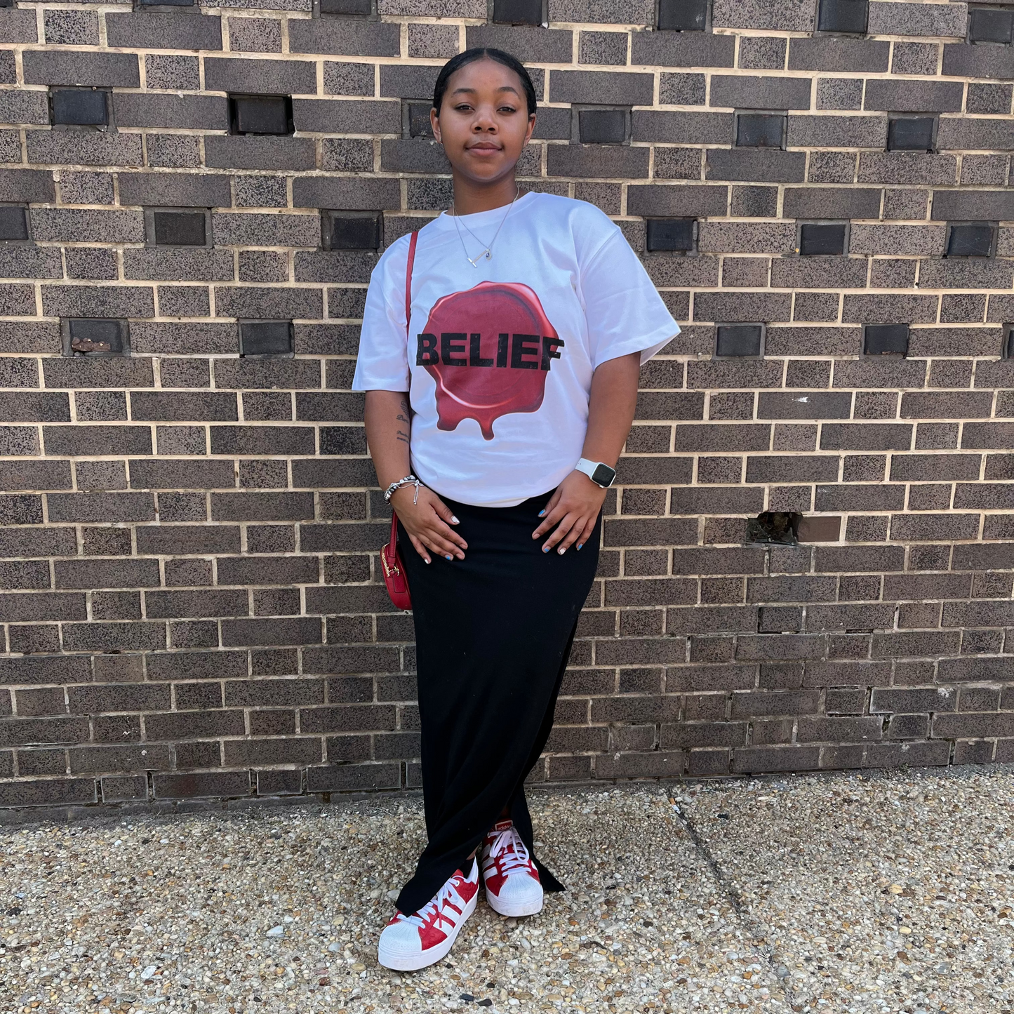 White "Belief in Him" T-shirt