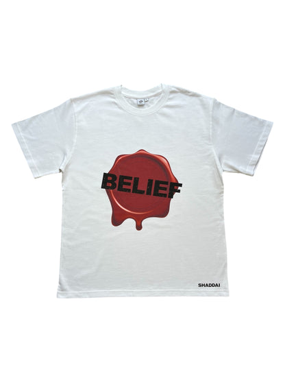 White "Belief in Him" T-shirt